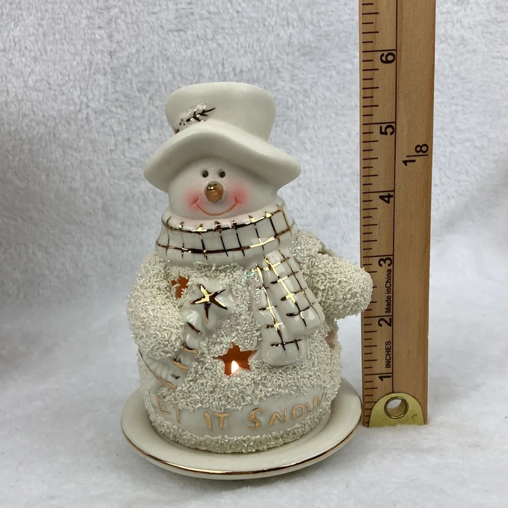 Christmas Let It Snow Ceramic Snowman Tea Light Holder with Plate NIB